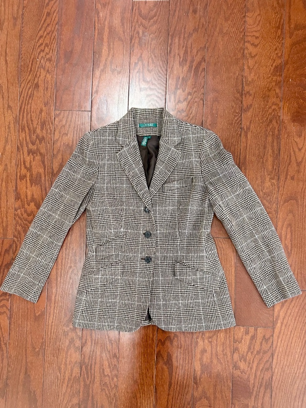 90s Vintage Ralph Lauren Blazer Wool brown tan cream houndstooth check academia